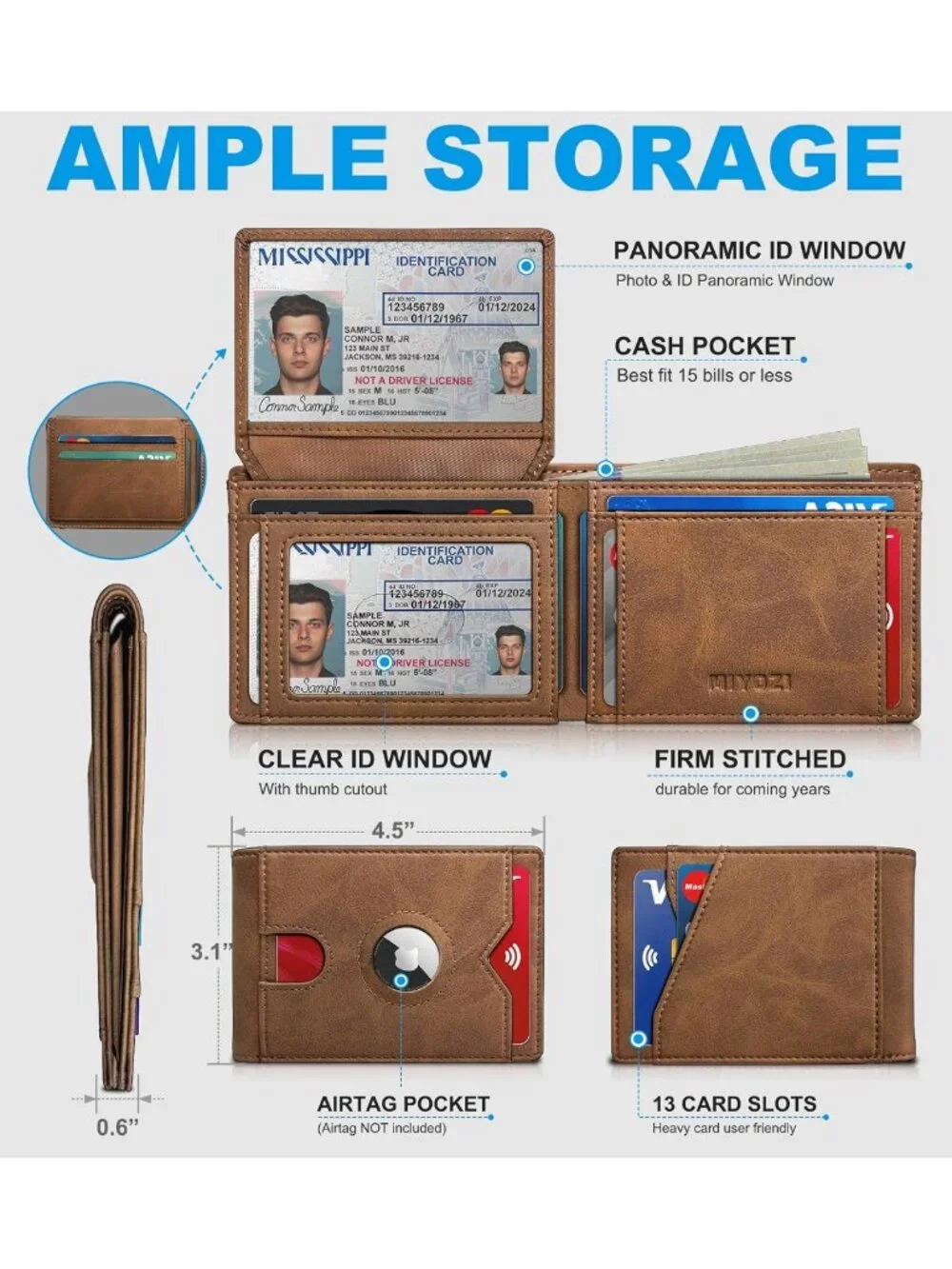 Slim Leather Bifold Wallet for Men, RFID Blocking, 2 ID Windows, 13 Card Slots
